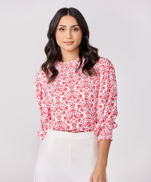 Sleeve Detailed Red Printed Chiffon Top